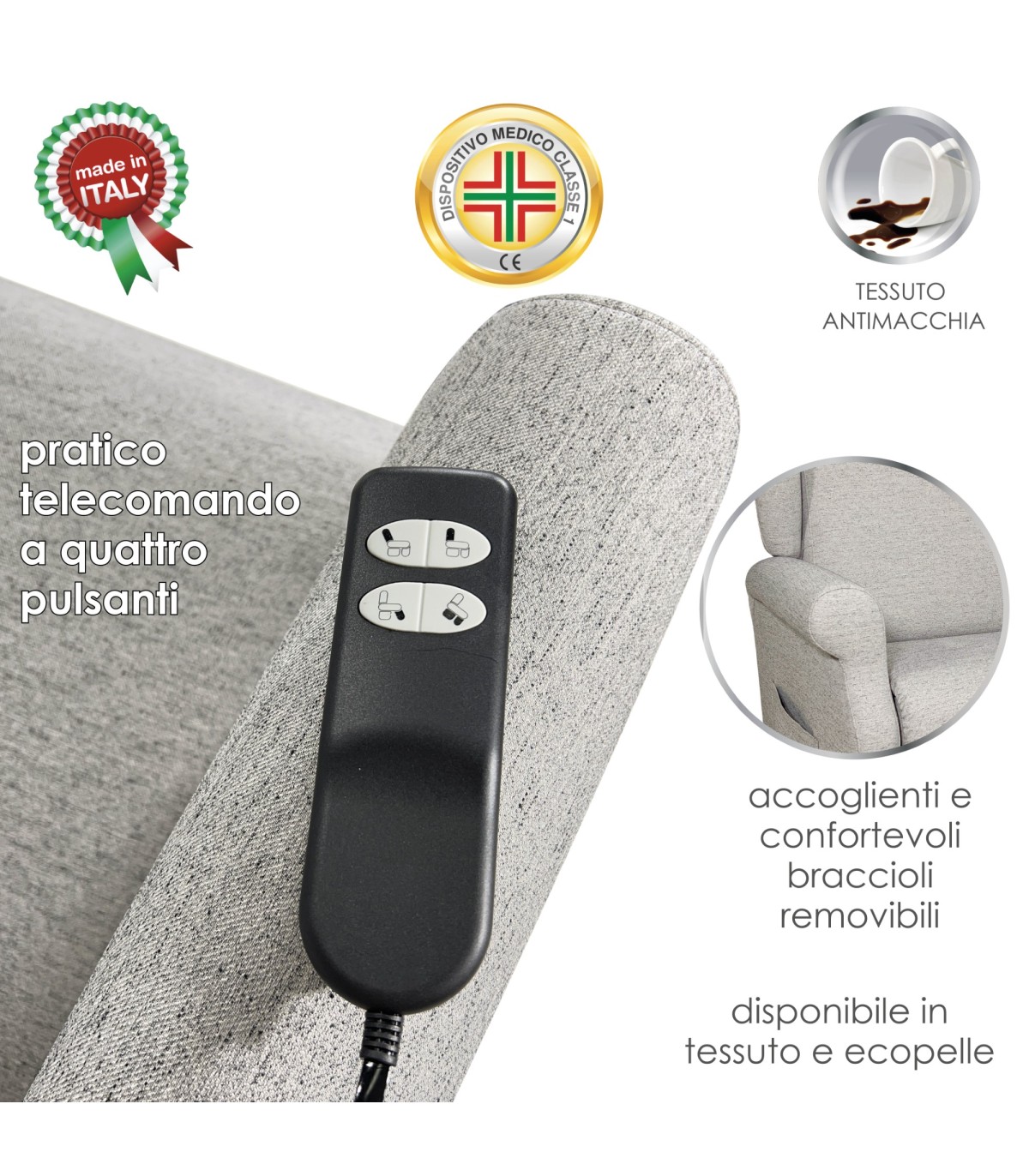 Poltrona relax Firenze in memory foam con massaggio vibrante design in  stile berger elettrica 2 motori lift kit roller 4 ruote IVA Applicata 22%  Colore 94 - Grigio Chiaro