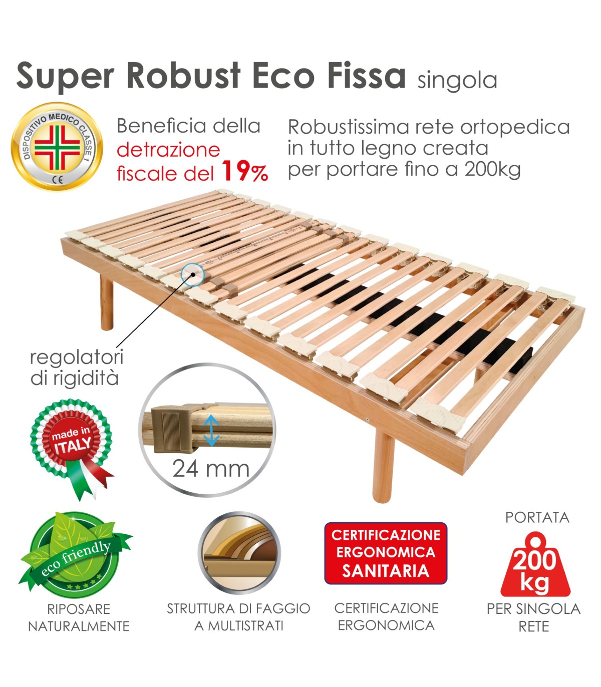 RETE ORTOPEDICA A DOGHE IN LEGNO SINGOLA UNA PIAZZA 80X190 H 35cm Made in  Italy