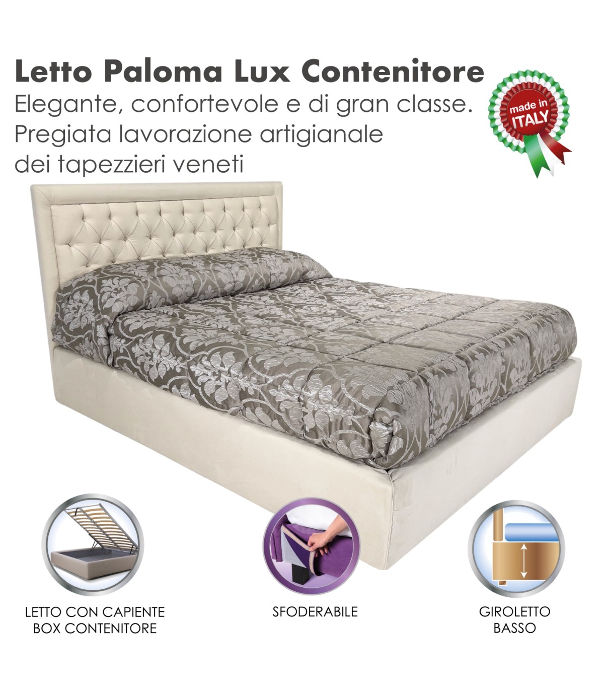 Goldflex - Letto MATRIMONIALE con CONTENITORE e bella TESTIERA CAPITONNE'  qui in ECOPELLE + CERTIFICATO CE - Mobile Italiano nelle misure :160x190 o  160x200 >> >> RIVESTIMENTI possibili MICROFIBRA, TESSUTO ECOPELLE +