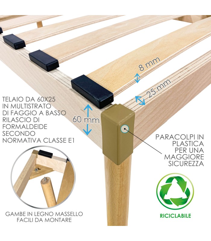 Rete Letto Singolo Ortopedica - 80x180 Cm, 12 Doghe, 4 Piedi In Ferro, Made In Italy